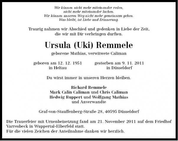 Mathias Ursula 1951-2011 Todesanzeige